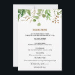 Elegant Eucalyptus Löv Greenery Kissing Menu<br><div class="desc">Den här eleganten är en löv-grön kyssmeny för eukalyptus perfekt för ett tropiskt bröllop. Konstruktionen har en konstnärligt handmålad vacker eukalyptus grönt löv som ordnas i geometriska former och inspirerar naturskönheten.</div>