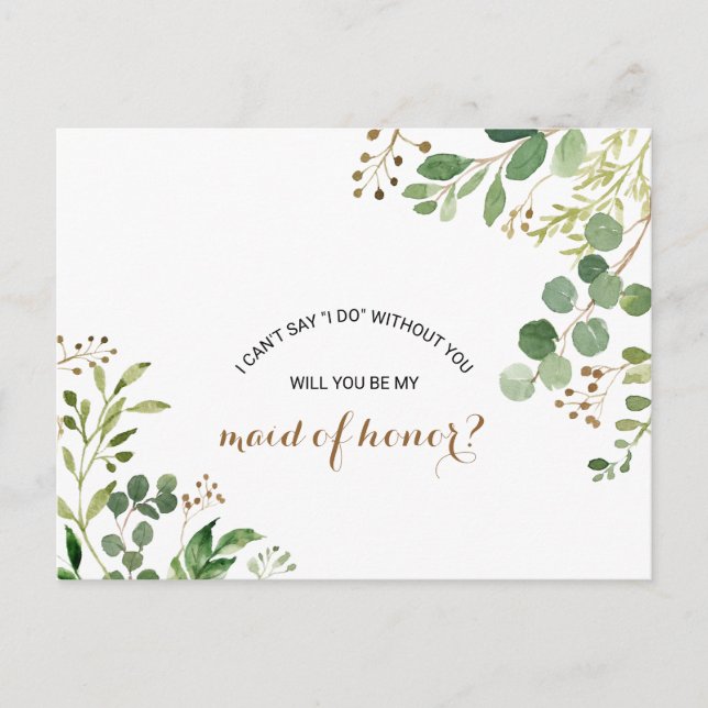 Elegant Eucalyptus Löv Greenery Maid of honor Inbjudan Vykort (Framsida)