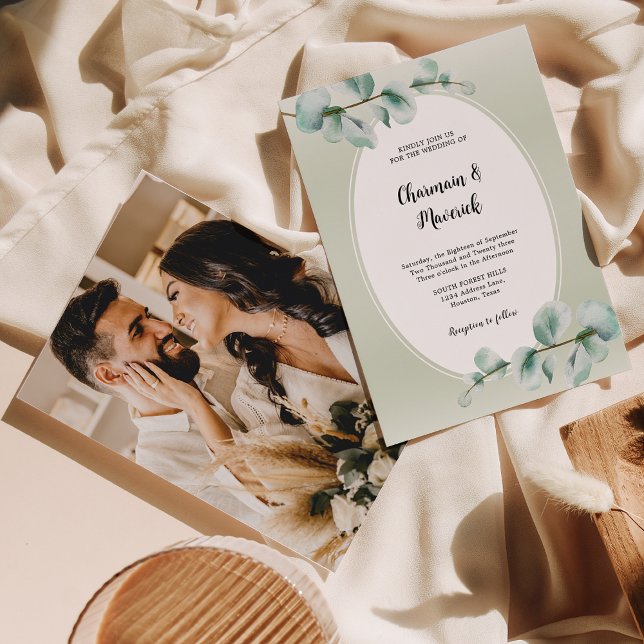 Elegant Eucalyptus löv Greenery Photo Bröllop Inbjudningar (Skapare uppladdad)