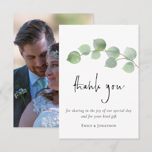 Elegant Eucalyptus Löv Script Photo Tack Kort (Fram/baksida)