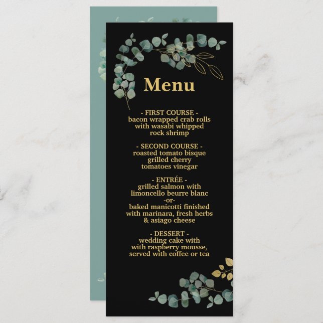 Elegant Eucalyptus Lövs Faux Guld Bröllop Menu Meny (Fram/baksida)