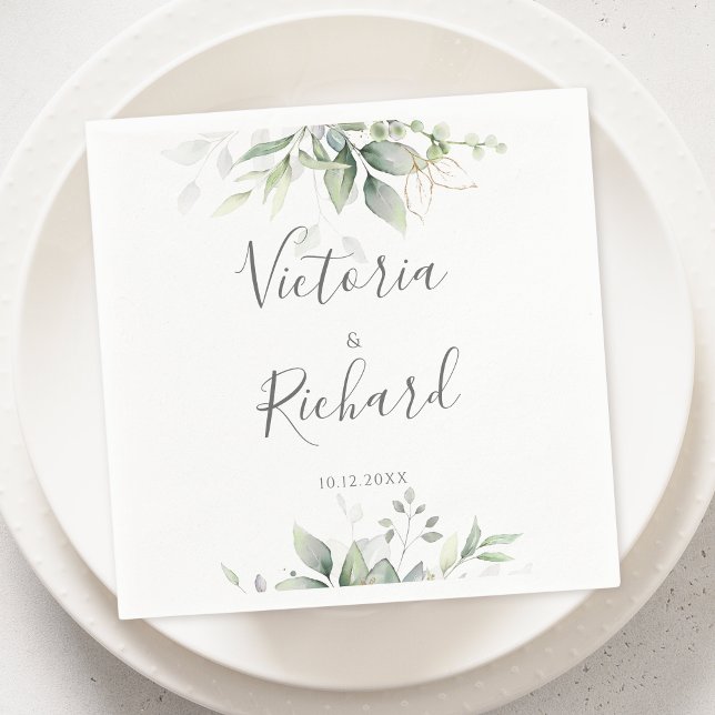 Elegant Eucalyptus Lövs Greenery Guld Bröllop Pappersservett (Skapare uppladdad)