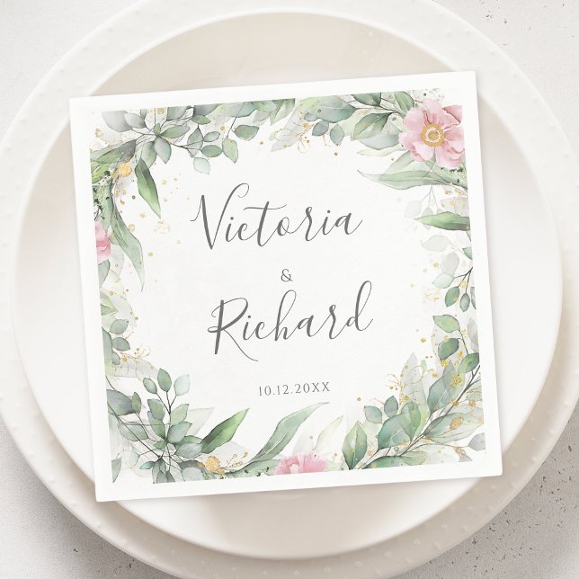 Elegant Eucalyptus Lövs Greenery Guld Bröllop Pappersservett (Skapare uppladdad)