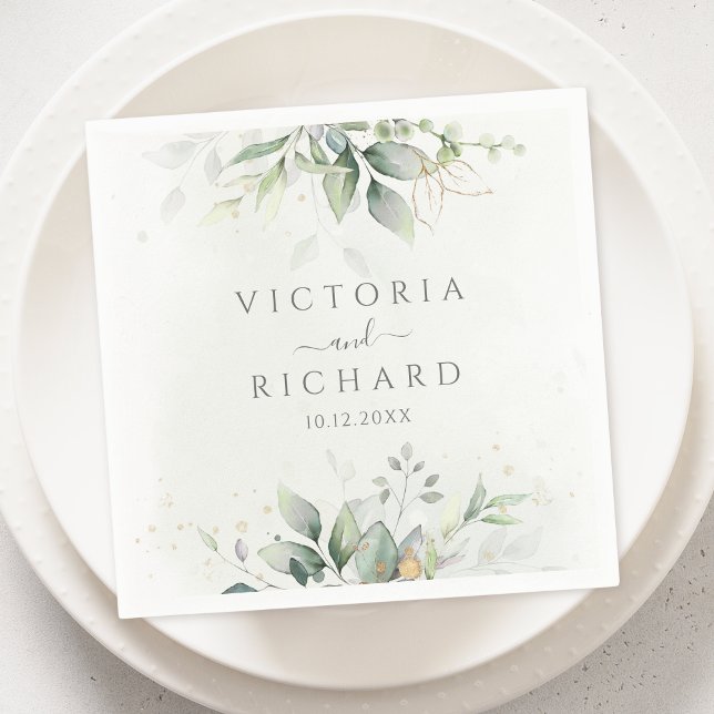 Elegant Eucalyptus Lövs Greenery Guld Bröllop Pappersservett (Skapare uppladdad)