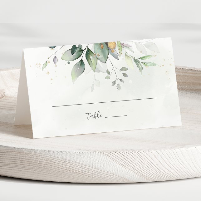Elegant Eucalyptus Lövs Greenery Guld Bröllop Placeringskort (Skapare uppladdad)