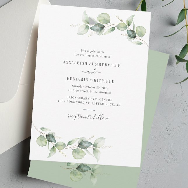 Elegant Eucalyptus Lövs Greenery Rustic Bröllop Inbjudningar (Eucalyptus Greenery Watercolor Wedding Invitation)
