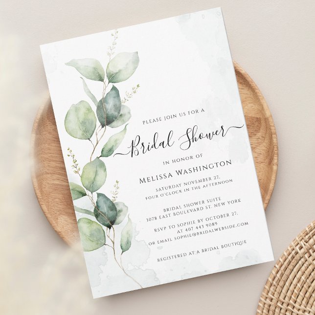 Elegant Eucalyptus Minimalistisk Möhippa Inbjudningar (Eucalyptus Greenery Script Watercolor Bridal Shower Invitation)
