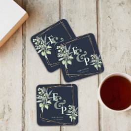 Elegant Eucalyptus Monogram Greenery Bröllopsfest Underlägg Papper Kvadrat
