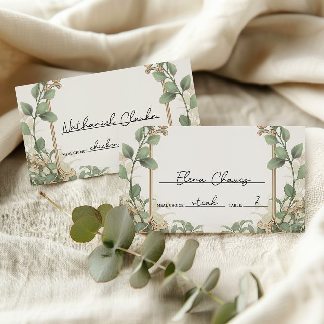 Elegant Eucalyptus och Guld Blommigt Bröllop Placeringskort (Skapare uppladdad)
