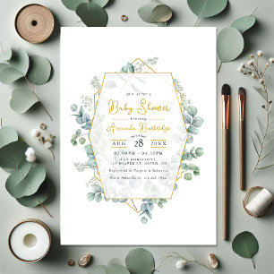 Elegant Eucalyptus och Guld Geometric Baby Shower Inbjudningar