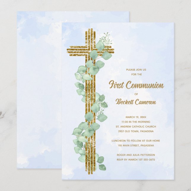 Elegant Eucalyptus och Kor Blue First Communion Inbjudningar (Fram/baksida)