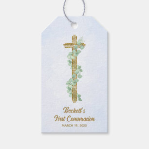 Elegant Eucalyptus och Kor Blue First Communion Presentetikett