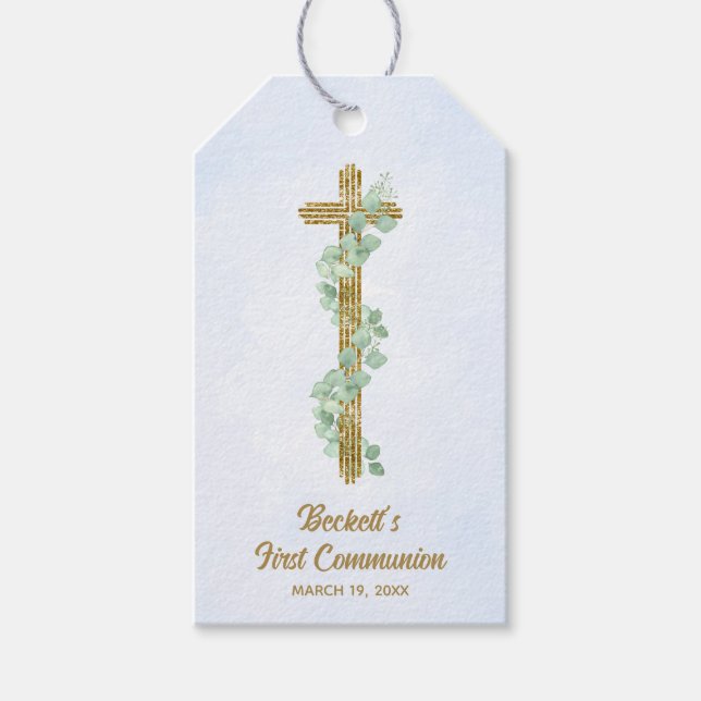 Elegant Eucalyptus och Kor Blue First Communion Presentetikett (Framsidan)