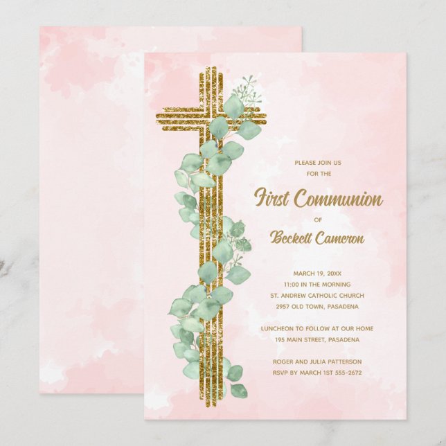 Elegant Eucalyptus och Kor Rosa First Communion Inbjudningar (Fram/baksida)
