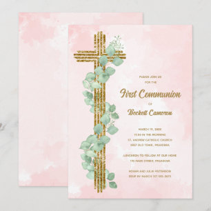 Elegant Eucalyptus och Kor Rosa First Communion Inbjudningar