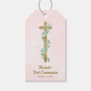 Elegant Eucalyptus och Kor Rosa First Communion Presentetikett