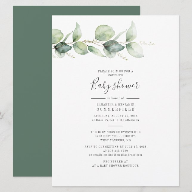 Elegant Eucalyptus Par Baby Shower Greenery Inbjudningar (Fram/baksida)