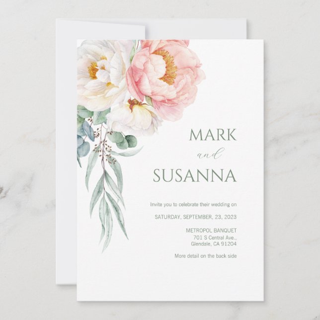 Elegant Eucalyptus Peonies bröllopsinbjudan Inbjudningar (Framsida)