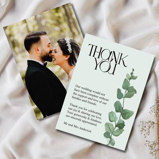 Elegant Eucalyptus Photo Bröllop Tack Kort (Elegant Wedding Photo Collage Thank You Card)