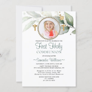 Elegant Eucalyptus Photo First Communion Inbjudningar