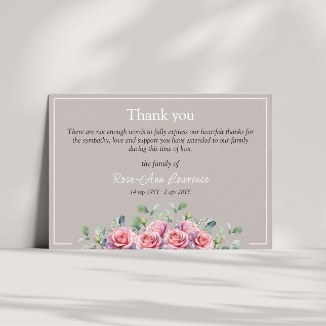 Elegant Eucalyptus Pink Roses Sympathy Funeral Tack Kort (Pink roses eucalyptus thank you card, family sympathy. Taupe and cream color)