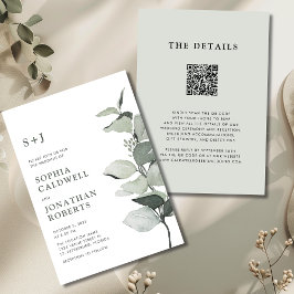 Elegant Eucalyptus QR Code Sage Bröllop Inbjudningar