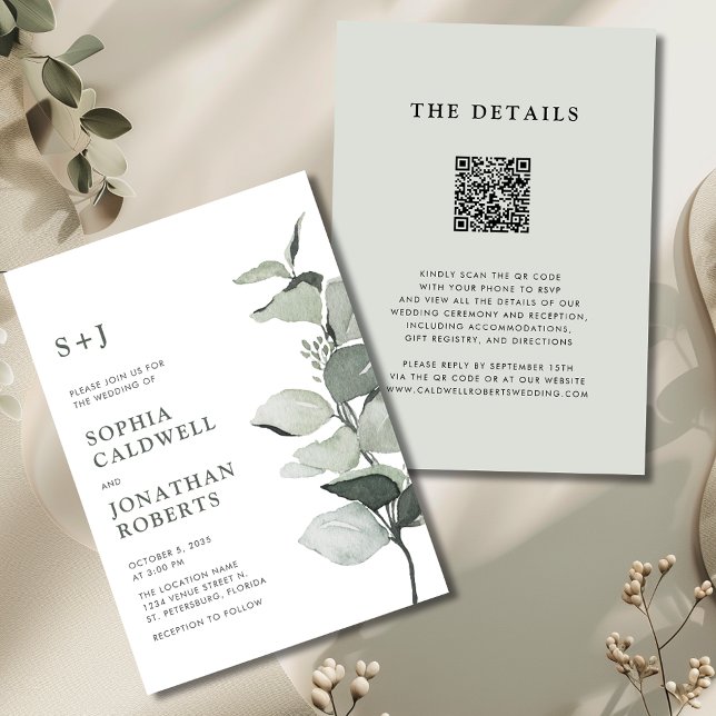 Elegant Eucalyptus QR Code Sage Bröllop Inbjudningar (Elegant Eucalyptus QR Code Sage Wedding Invitation)