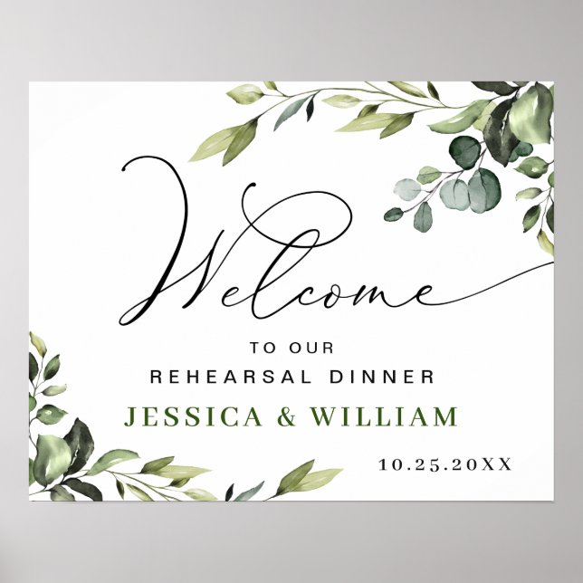 Elegant Eucalyptus REHEARSAL DINNER Välkomstskylt Poster (Framsidan)