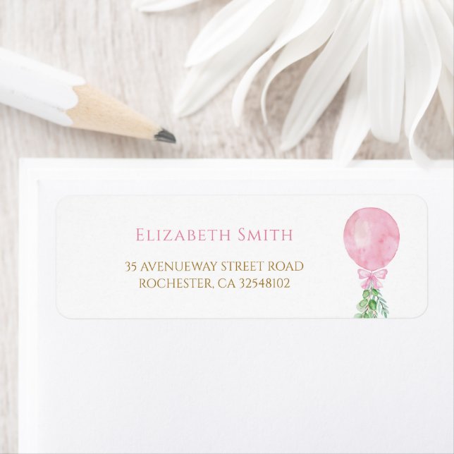Elegant Eucalyptus Rosa Balloon Returadress Etikett (Insitu)