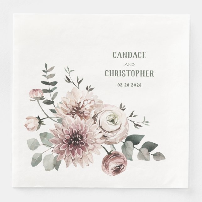 Elegant Eucalyptus  Rosa Ranunculus & Dahlias Pappersservett (Framsida)