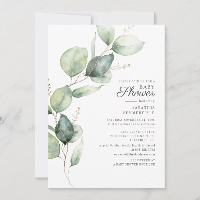 Elegant Eucalyptus Script Baby Shower Inbjudningar (Framsida)