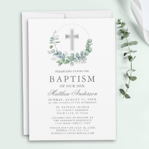 Elegant Eucalyptus Silver Baptism i vattenfärg Inbjudningar