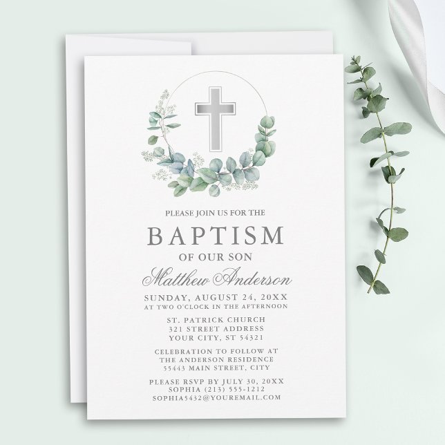 Elegant Eucalyptus Silver Baptism i vattenfärg Inbjudningar (Customize to change text size, style, color or to add more text or photos to back of card.)
