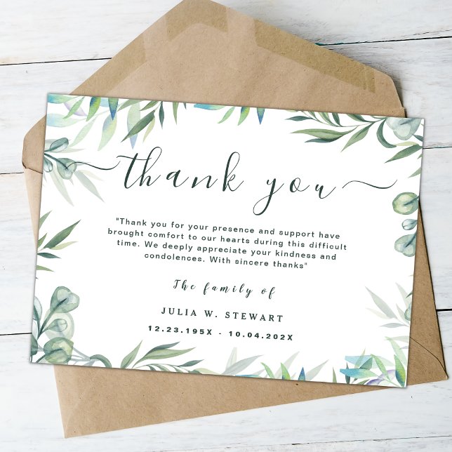 Elegant Eucalyptus Simple Funeral Tackkort Kort (Skapare uppladdad)