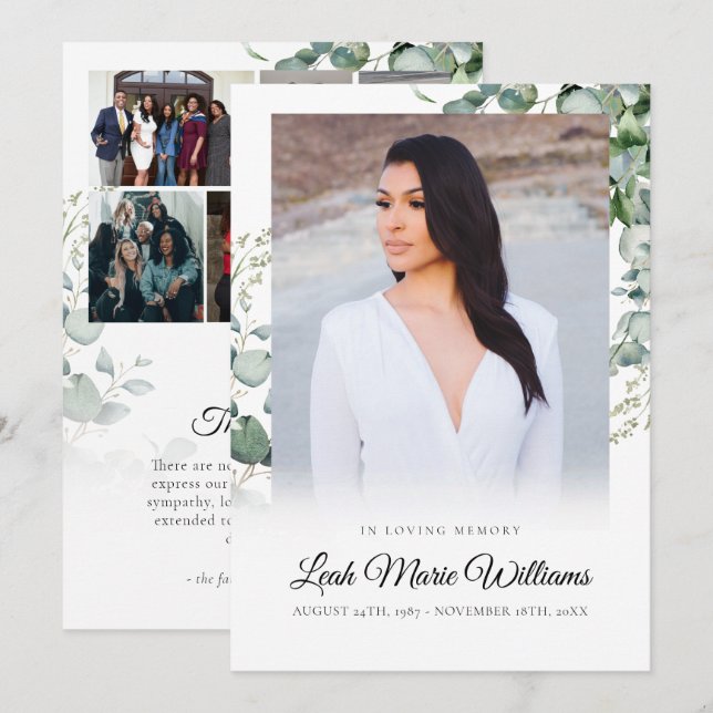 Elegant Eucalyptus Sympati Funeral Tack Kort (Fram/baksida)