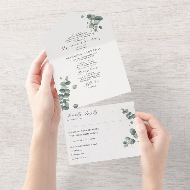 Elegant Eucalyptus Traditional Wording Quinceañera (Avrivbar del)
