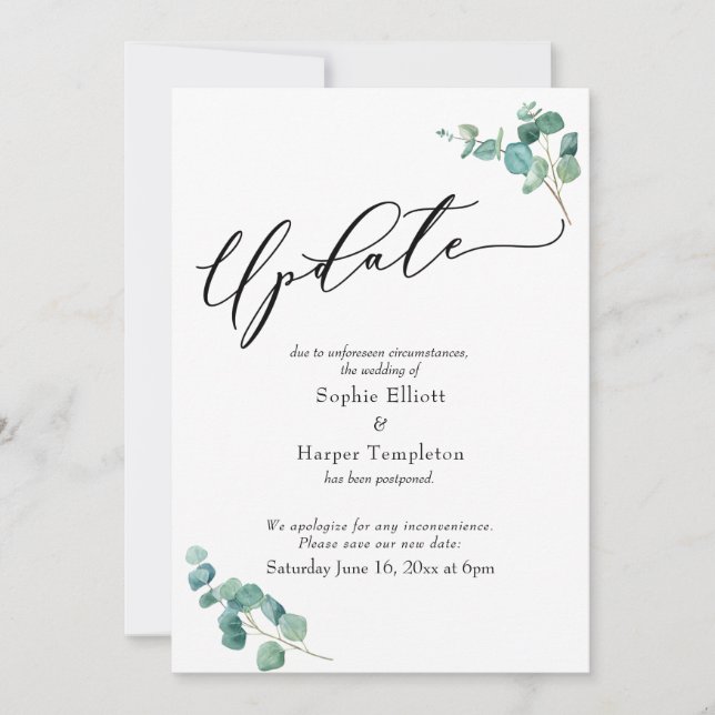 Elegant Eucalyptus Uppskjutet Bröllop-uppdaterings Inbjudningar (Framsida)