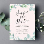Elegant Eucalyptus Utandning Rosa Spara datumkorte Spara Datumet<br><div class="desc">Datumet "Spara datum" som visas i ett grått-kalligrafiskript med mörk och ljus rosa bakgrund sparas. En utandning av eucalyptus löv i många-skuggor av grönt omger namn,  bröllop-datum,  bröllop,  etc. Med eukalyptus sparar du datumet och återgår till visning av en sidbakgrund med grönt med utrymme för foton och ytterligare text.</div>