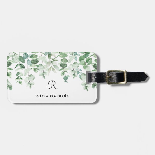 Elegant Eucalyptus Vattenfärg | Monogram Bagagebricka (Horisontell Framsida)