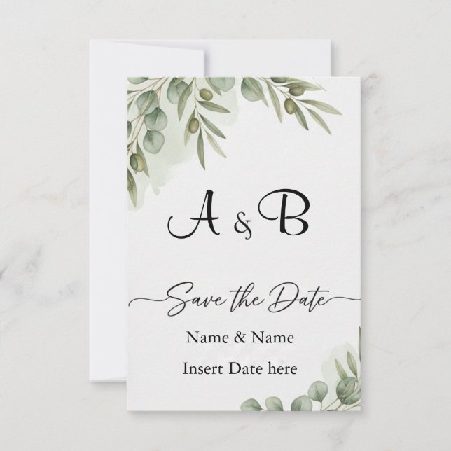 Elegant Eucalyptus Vattenfärg "Save the Date" Mono Spara Datumet (Framsida)