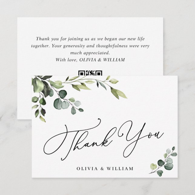 Elegant Eucalyptus Vattenfärgad Blommigt QR Tack Kort (Fram/baksida)