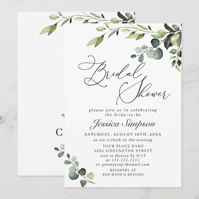 Elegant Eucalyptus Vattenfärgad Möhippa Inbjudningar (Fram/baksida)