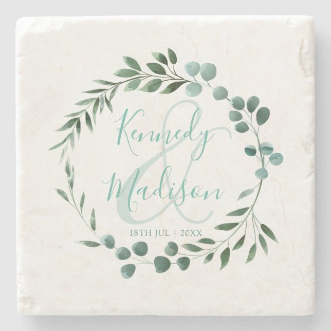 Elegant Eucalyptus Vattenfärgsminimalist Stenunderlägg (Framsidan)