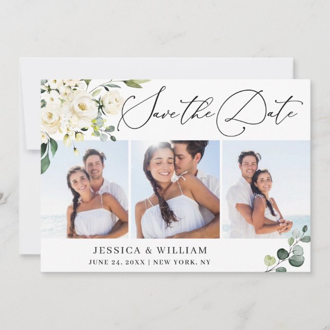 Elegant Eucalyptus Vit ros 3 PHOTO Bröllop Spara Datumet (Framsida)