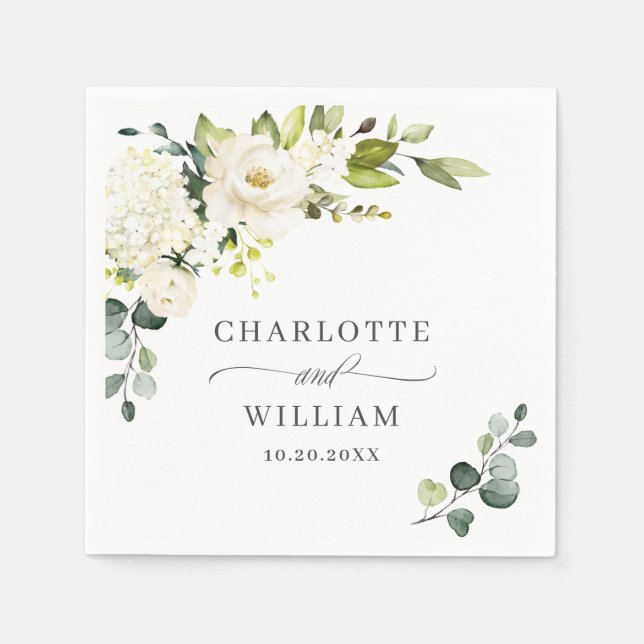 Elegant Eucalyptus Vit ros Blommigt Bröllop Pappersservett (Framsidan)
