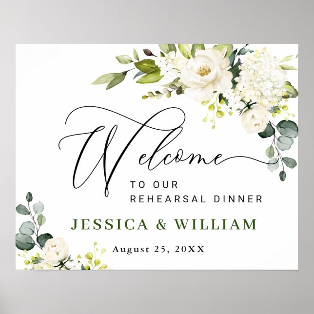 Elegant Eucalyptus Vit ros REHEARSAL DINNER Poster (Framsidan)