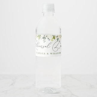 Elegant Eucalyptus Vit ros Rehearsal Dinner Vattenflaskor Etikett