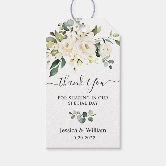 Elegant Eucalyptus Vit ros Wedding Favor Presentetikett (Framsidan)