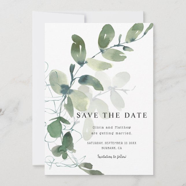 Elegant Eucalyptus Watercolor Bröllop Spara Datumet (Framsida)