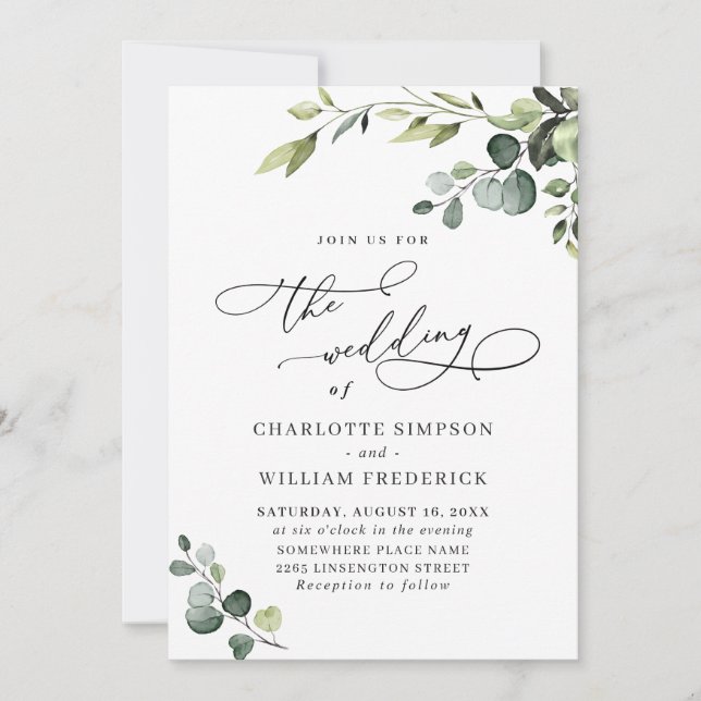 Elegant Eucalyptus Watercolor Greenery Bröllop Inbjudningar (Framsida)